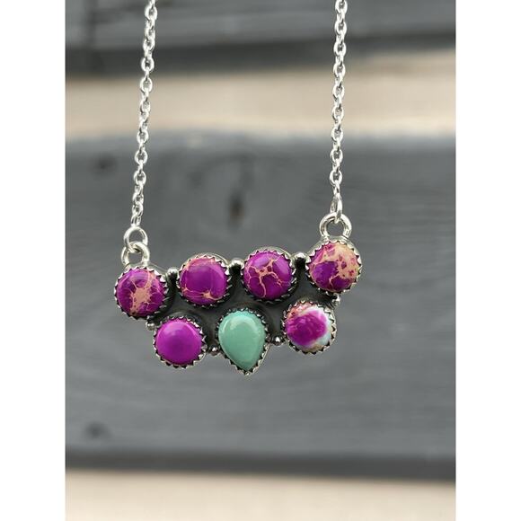 Turquoise Sea Sediment Jasper Cluster Bar Necklace Sterling Southwest Multistone - Picture 1 of 7